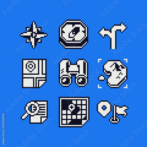 Navigation pixel art icons set, map, pin, binoculars compass, wind rose and magnifier navigation concept. Design for web, mobile app, logo, sticker. 8-bit sprite. Isolated vector illustration. 