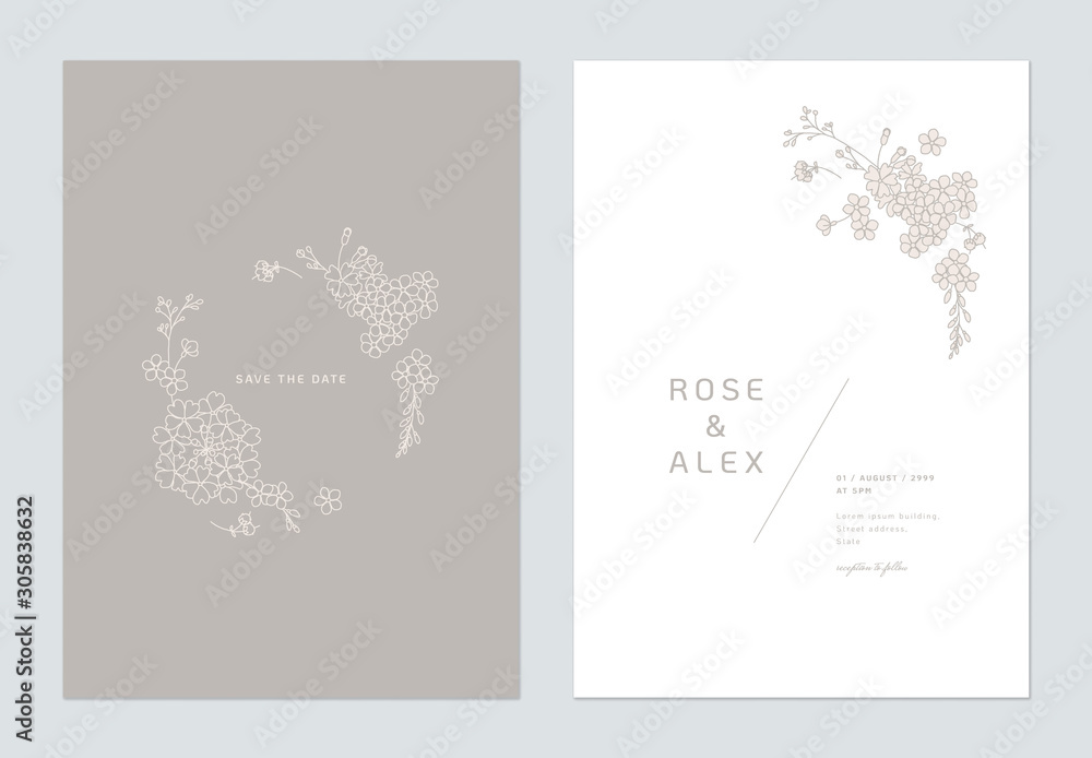 Minimalist wedding invitation card template design, floral line art ink drawing on brown and white