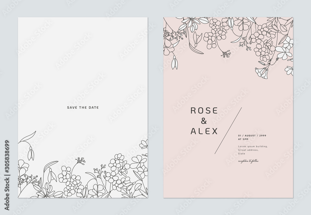 Minimalist wedding invitation card template design, floral black line art ink drawing on grey and pink