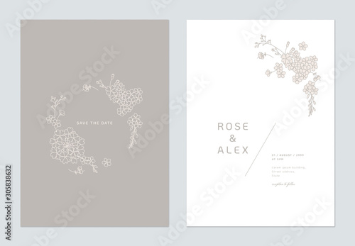 Minimalist wedding invitation card template design, floral line art ink drawi...