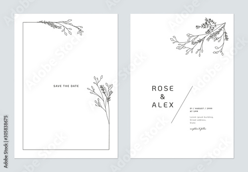 Minimalist wedding invitation card template design, floral black line art ink drawing bouquet decorated on line frame on white photo