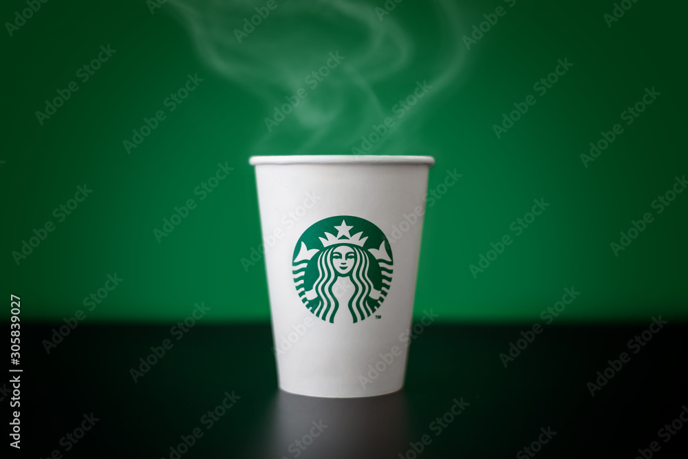 Bangkok ,Thailand - May 17 2019 : A cup of Starbucks coffee with logo  isolated on Starbucks green background Photos | Adobe Stock
