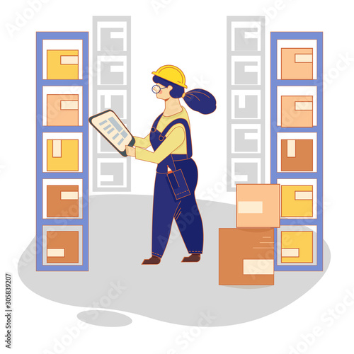 A woman in the warehouse is working on a tablet. Packing boxes. Warehouse