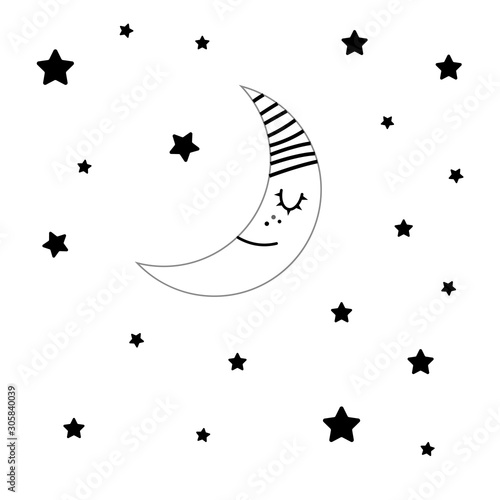 Moon and stars icon isolated. Flat design. Vector Illustration.Night with moon and stars icon in flat style. Night symbol for your web site design, logo. Vector EPS 10.