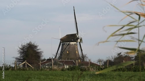 Dutch windmill with barns, grass and ditch in front, Oude Leede, the Netherlands photo