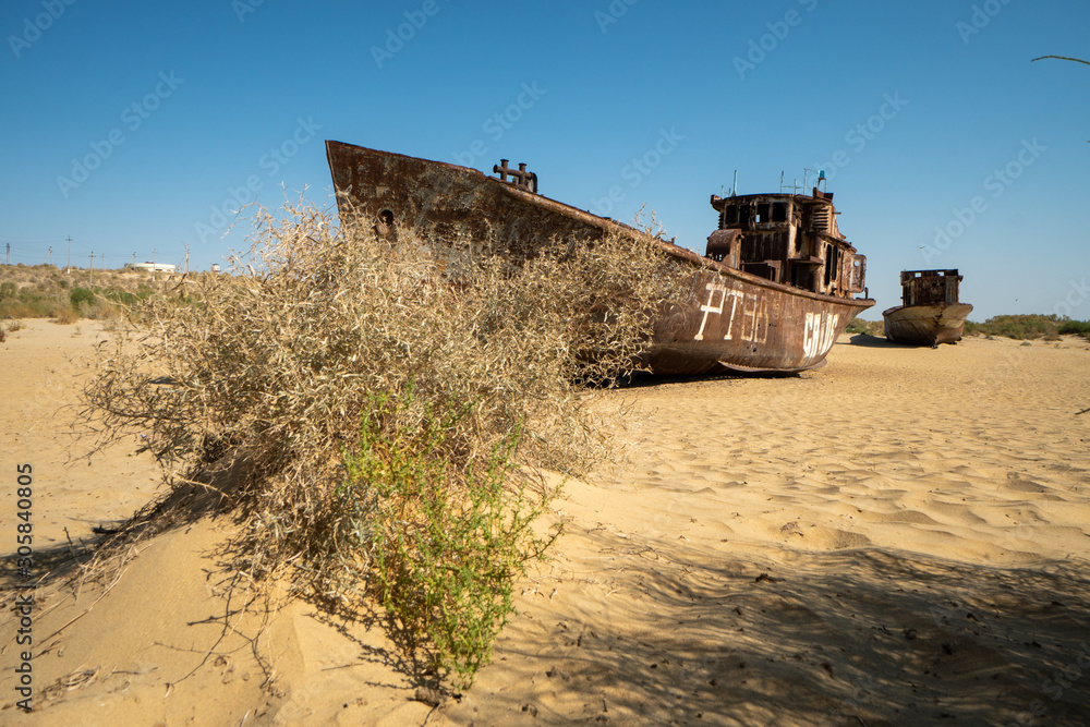Rusty ship wreck in the deserted Aral Sea near Muynak en Uzbekistan