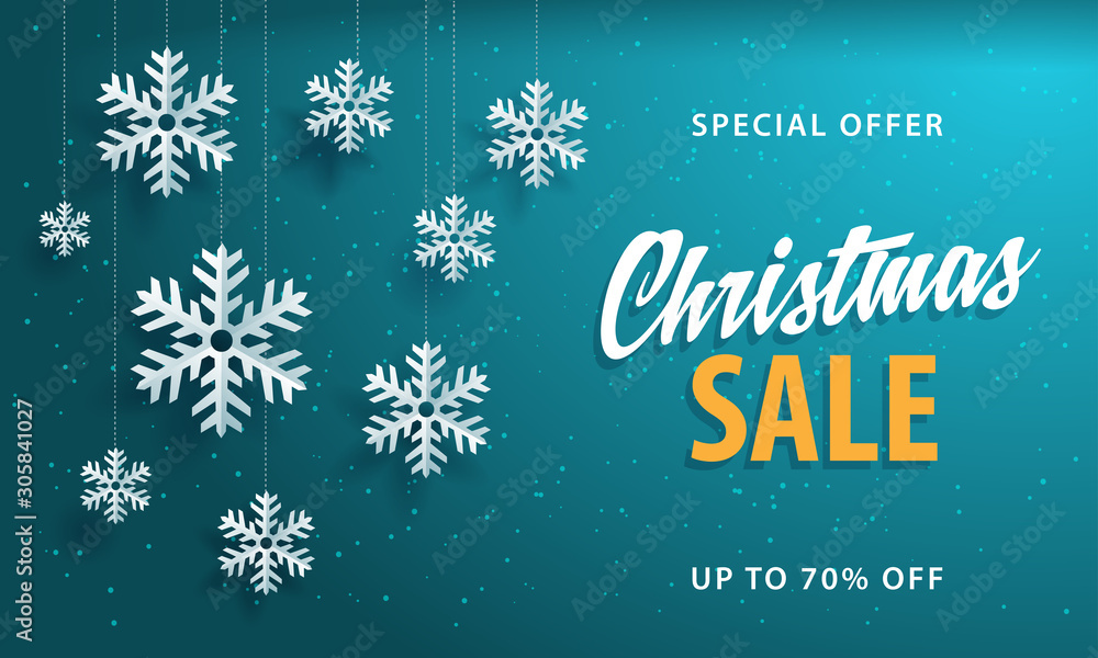 Christmas sale banner green background template with paper snowflakes