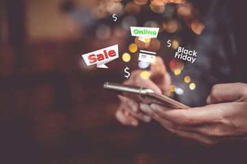 Women hand using smartphone do online selling for people shopping online with chat box, cart, dollar icons pop up. Social media maketing.