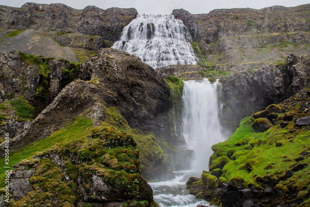 Long exposure of majestic Dynjandi cascade waterfall, Westfjords, Iceland