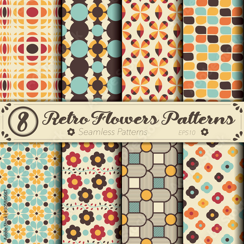 Seamless vector pattern set. Retro flowers background. レトロフラワー背景のベクターパターンセット