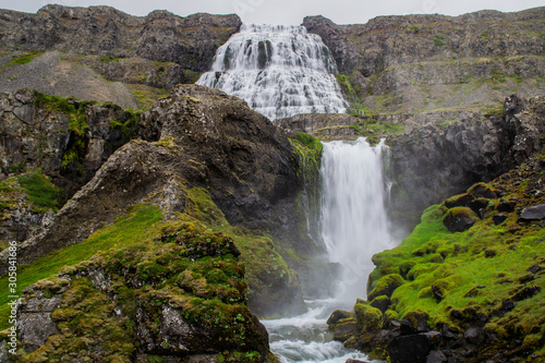 Long exposure of majestic Dynjandi cascade waterfall, Westfjords, Iceland