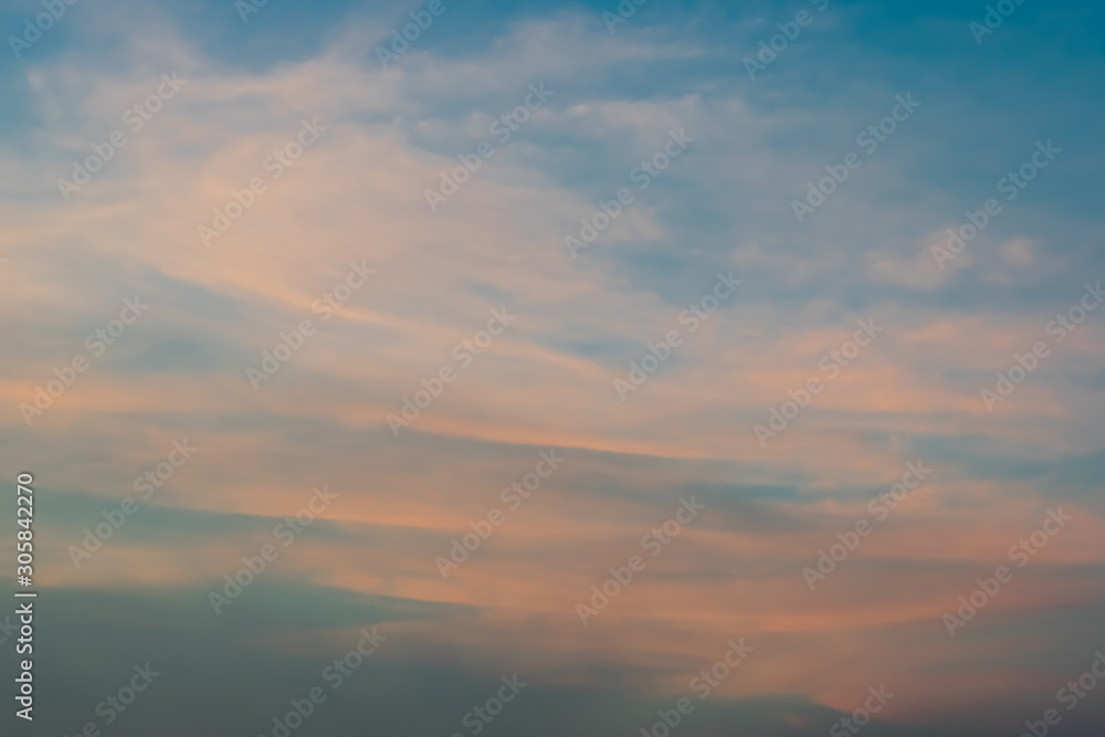 Blue and orange sky with many cloudy background, twilight sky after sunset.