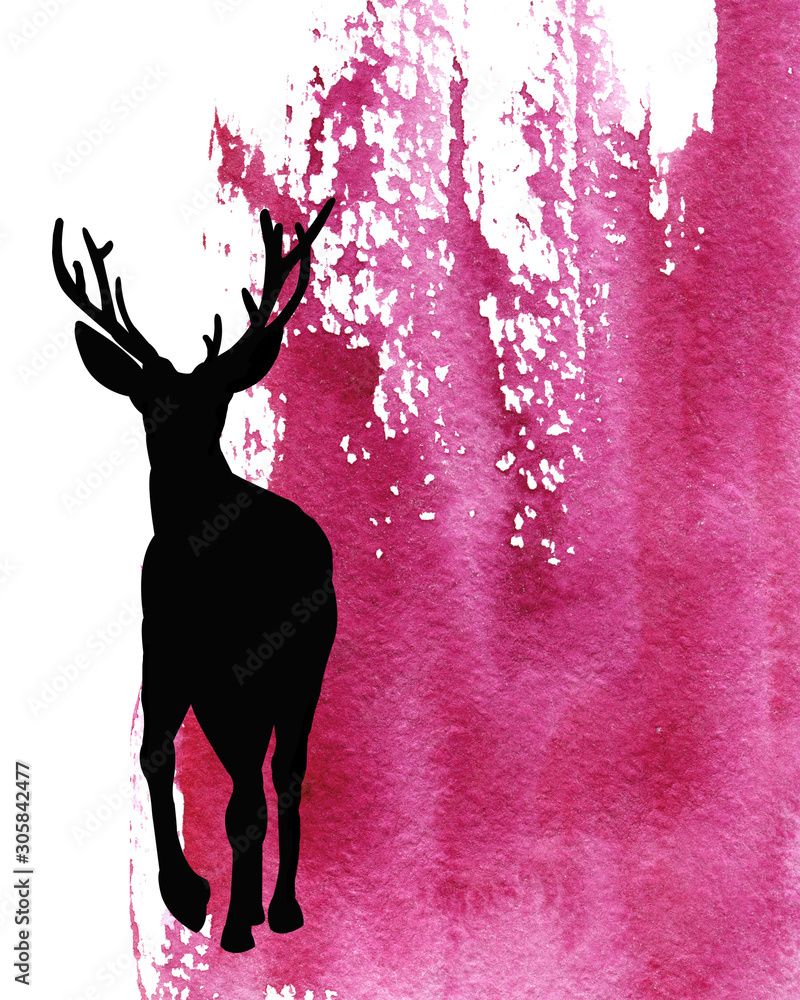 Mammal animal, silhouette of an elk, deer on abstract watercolor purple  background. Closeup watercolor hand drawn illustration for design of print,  banner, label, template, cover. Stock Illustration | Adobe Stock