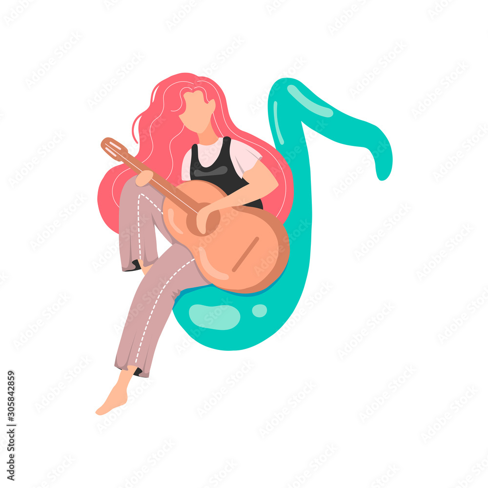 Illustration of a girl playing an acoustic guitar. Vector. Flat cartoon style. Music lessons. Education and study at home. Hobby Illustration of a girl playing an acoustic guitar. Vector. Flat cartoon style. Music lessons. Education and study at home. Hobby