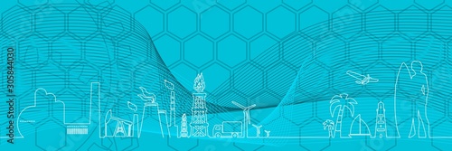 Industrial and tropical recreation relative silhouettes. Woman posing with surfboard,cruise ship, palm and lifeguard tower. Ecology linear design concept
