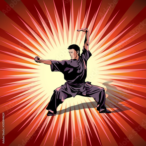 Art of wushu. A man practicing martial arts Wushu, kung fu, karate. Decorative red background. Vector illustration.