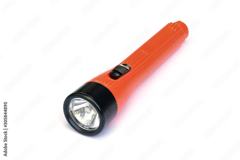 orange flashlight on white background, Portable flashlight