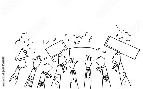 hand drawn vector doodle fist hand, protest symbol, power sign. people protesting about something, with the  blank protest board