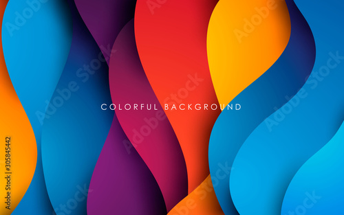 Purple, orange, yellow and blue fluid color background. Dynamic textured geometric element. Modern gradient light vector illustration.