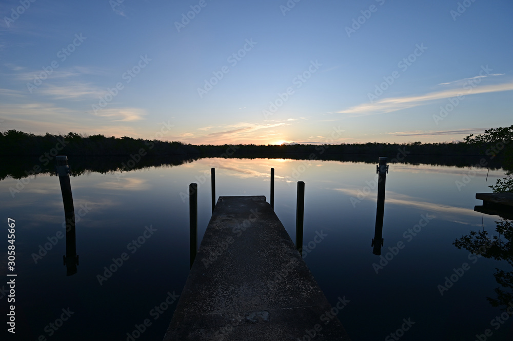 West Lake shelter and docks at sunrise in Everglades National Park, Florida on a calm winter morning.