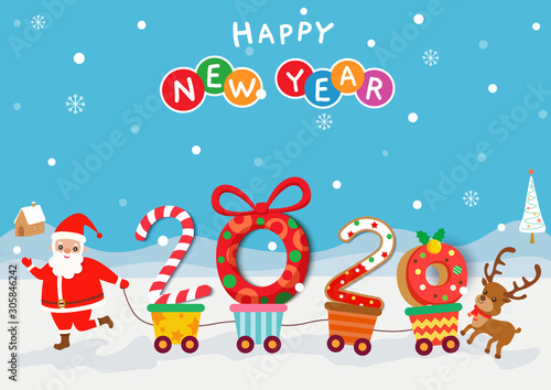 Happy New Year of 2020 with santa calus take a handcart on snowy background.