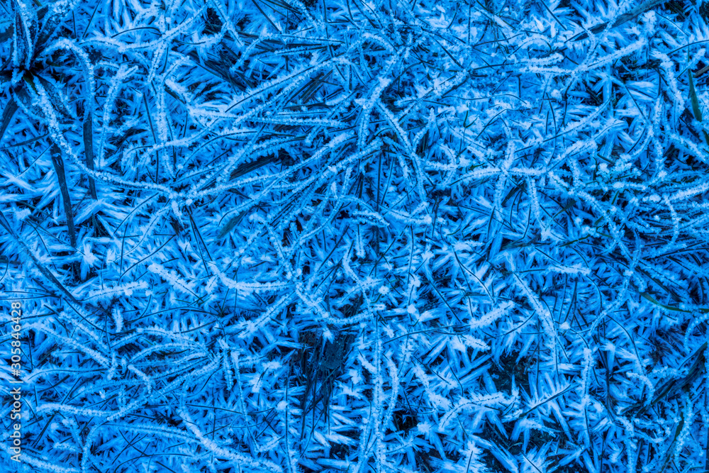 blue winter frost ice abstract background , azure frozen cold texture ,crystallized water on a ground grass ,beautiful crystals close up blue winter frost ice abstract background , azure frozen cold texture ,crystallized water on a ground grass ,beautiful crystals close up