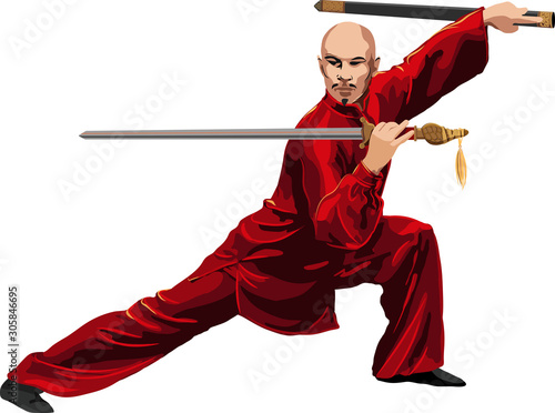 Kung Fu, Wushu with sword pose graphic vector.