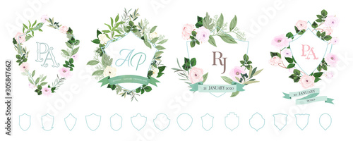 wedding logo for wedding invitation cards, RSVP card, Menu and Wedding online cards, wedding  frame and ribbon design vector