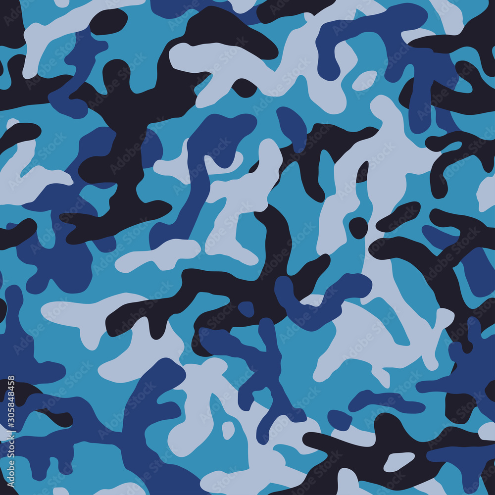 Fototapeta Camouflage pattern background seamless vector illustration. Classic clothing style masking camo repeat print. Blue color