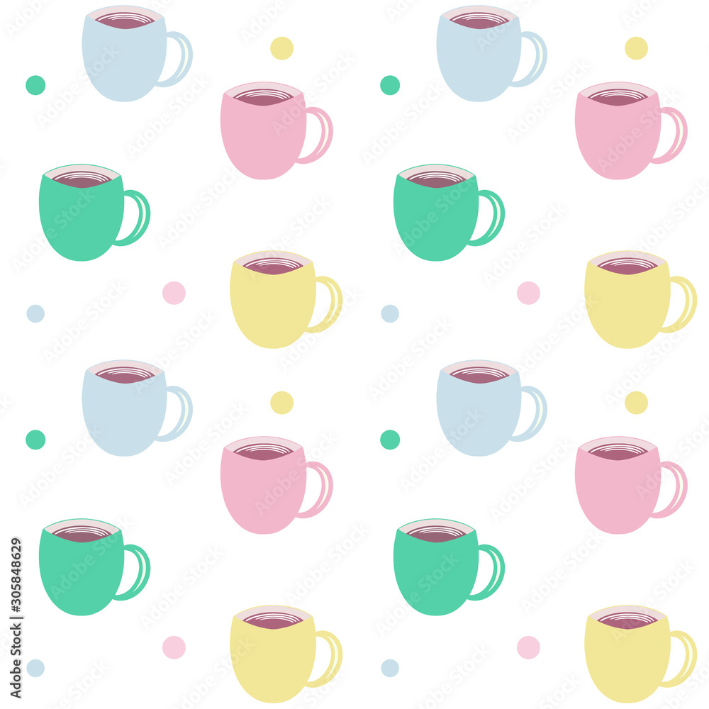 seamless pattern with cups of coffee. Pastel color.