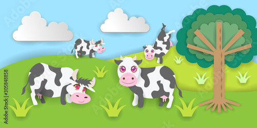 Cow background wallpaper paper cut vector graphic design