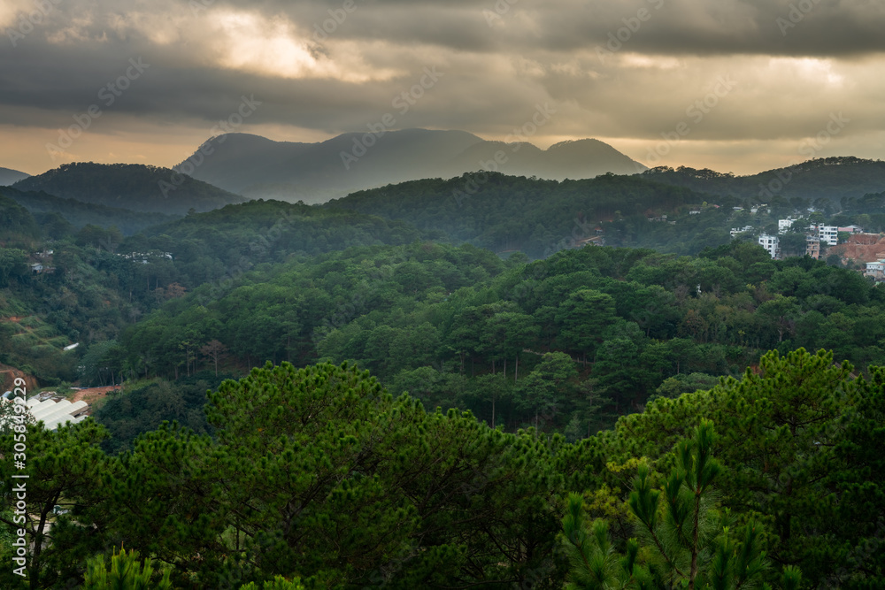 Mountain view point during the sunset of Dalat city. Vietnam