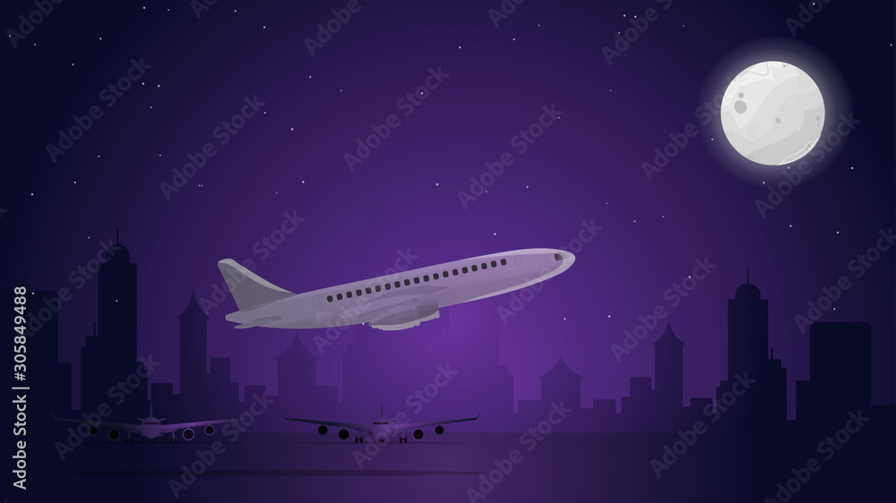 Futuristic airport. Night view of the airport. Passenger airplanes on the night city background. The plane is taking off. Airport. Futuristic airport. Night view of the airport. Passenger airplanes on the night city background. The plane is taking off. Airport.