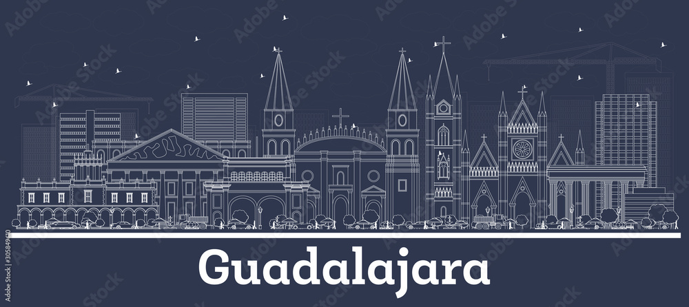 Outline Guadalajara Mexico City Skyline with White Buildings.