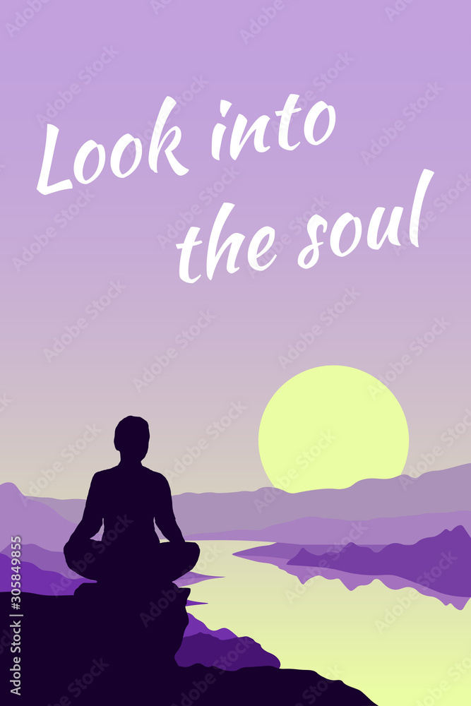Fototapeta premium Woman yoga and outdoor activities. Woman engaged in meditation in nature, sitting in a Lotus position on the edge of a cliff. Sunset and landscape background with the river and hills. Flat vector.