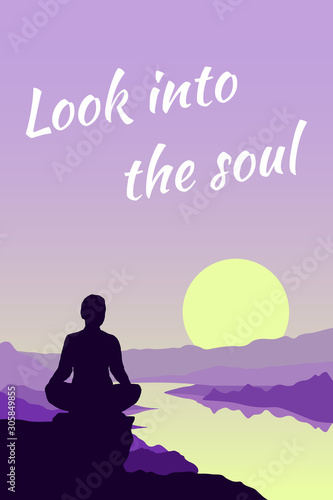 Woman yoga and outdoor activities. Woman engaged in meditation in nature, sitting in a Lotus position on the edge of a cliff. Sunset and landscape background with the river and hills. Flat vector.