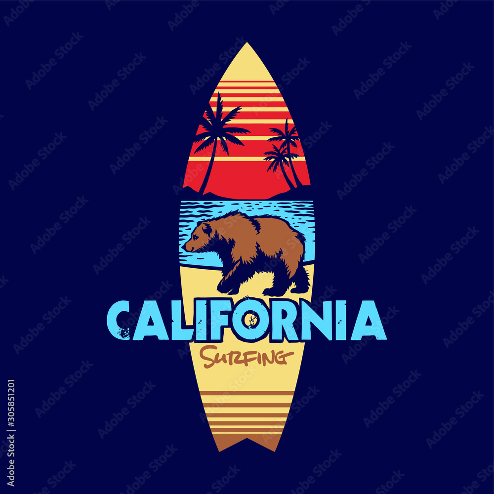 Hand drawing style with a california surfing use full colors