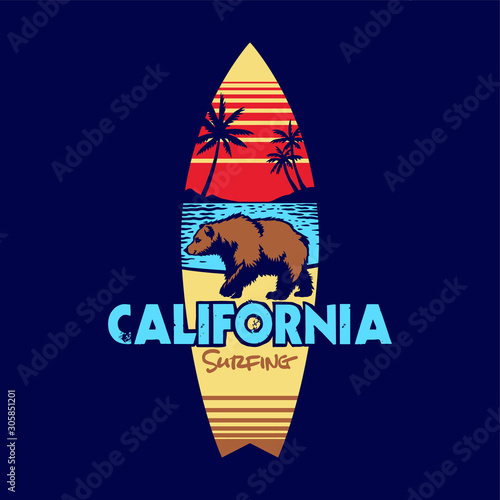 Hand drawing style with a california surfing use full colors