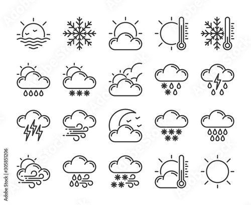 20 Weather icons. Weather Forecast line icon set. Vector illustration. Editable stroke.