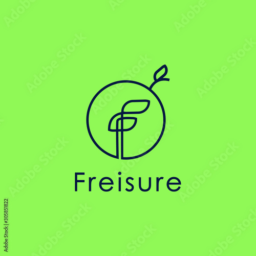 Botanical initial letter F logo minimalism line template on green background for business company or brand identity