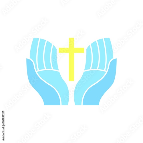 Hands holding Cross, icons or symbols. Religion, Church vector logo