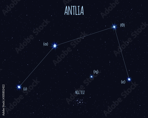 Antlia (The Air Pump) constellation, vector illustration with basic stars against the starry sky 