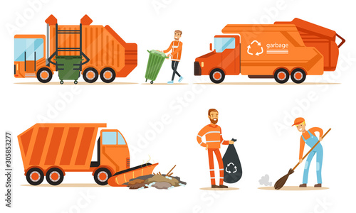 Orange garbage truck and a garbage collector remove garbage. Set of vector illustrations.