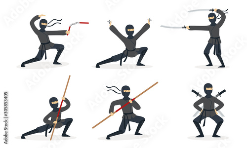 Ninja shows different tricks with weapons. Set of vector illustrations.