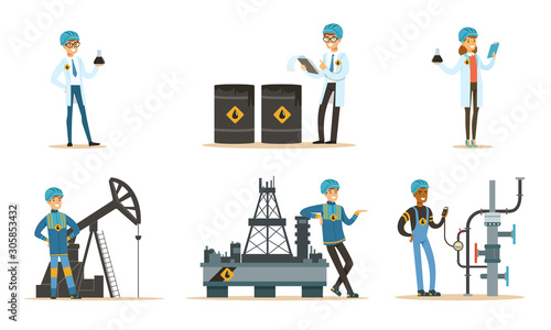 Oil industry workers. Set of vector illustrations.