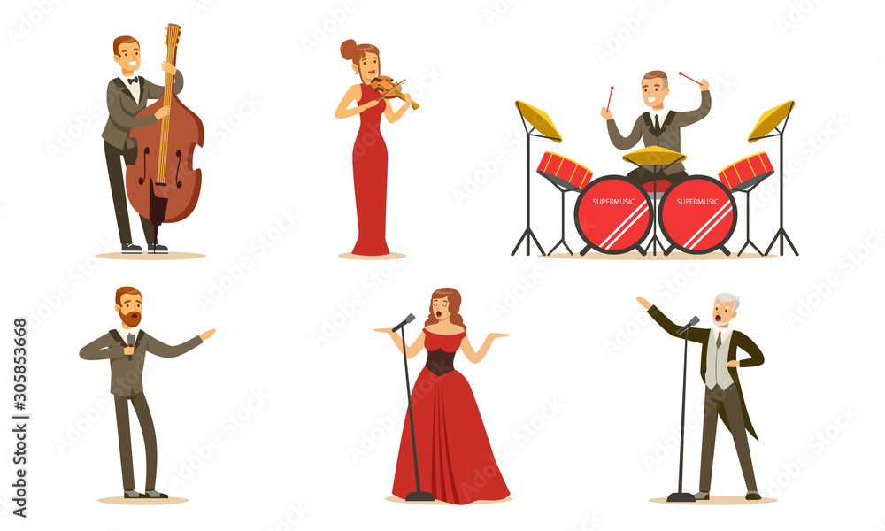 Singers and musicians in concert clothes. Set of vector illustrations. Singers and musicians in concert clothes. Set of vector illustrations.