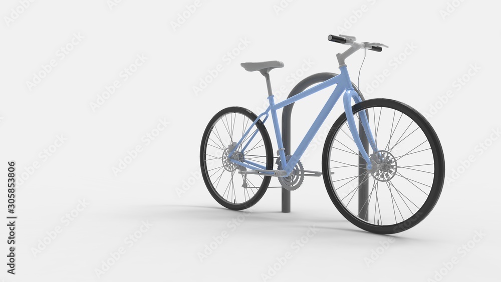 3d rendering of a parked bicycle against round pole isolated