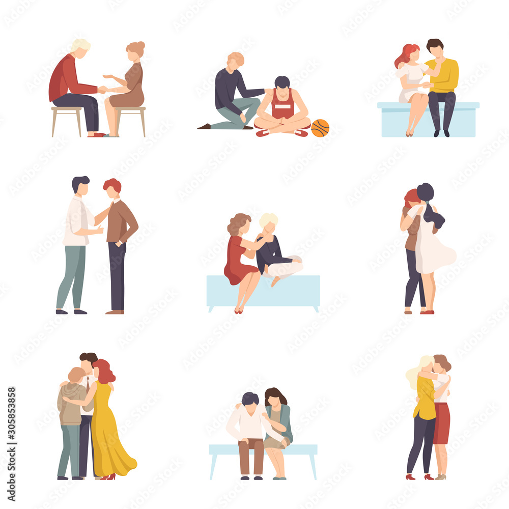 People Supporting Each Other with Words and Standing by Side Vector Illustrations Set