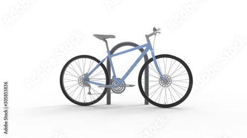 3d rendering of a parked bicycle against round pole isolated