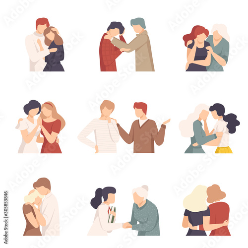People Supporting Each Other with Words and Standing by Side Vector Illustrations Set